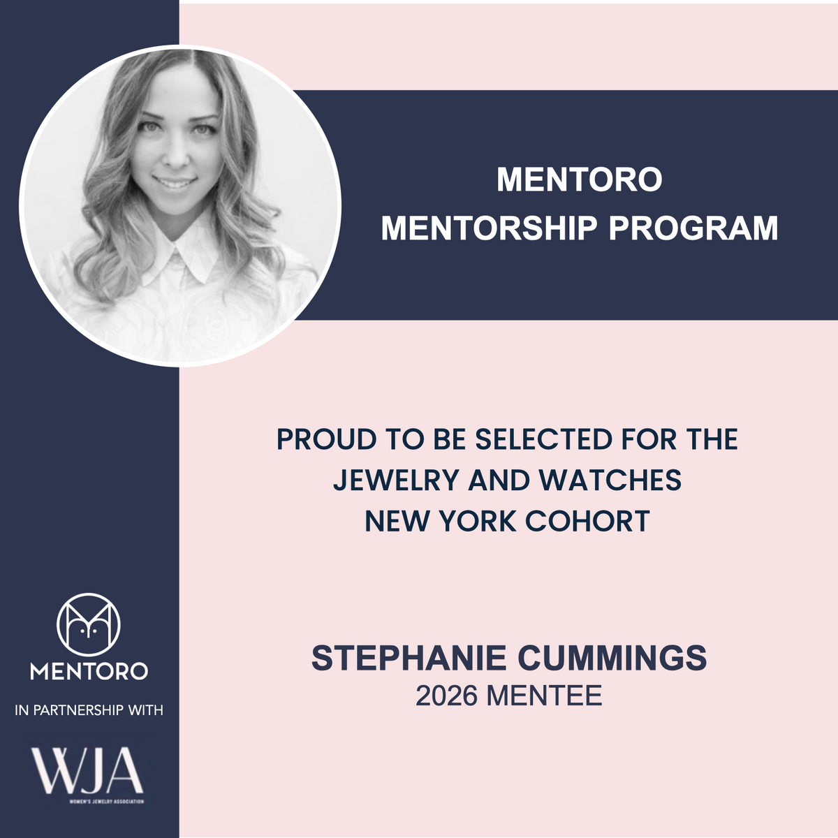 Promotional graphic for WJA & Mentoro Mentorship Program with a woman's portrait and text about being selected for the Jewelry and Watches New York Cohort.